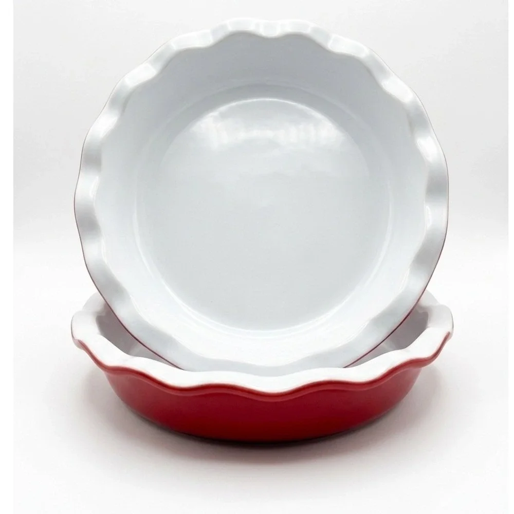 Emile Henry France Red Ruffled Pie Dishes Ceramic Baking Pans Set 2 81.82 Vtg.